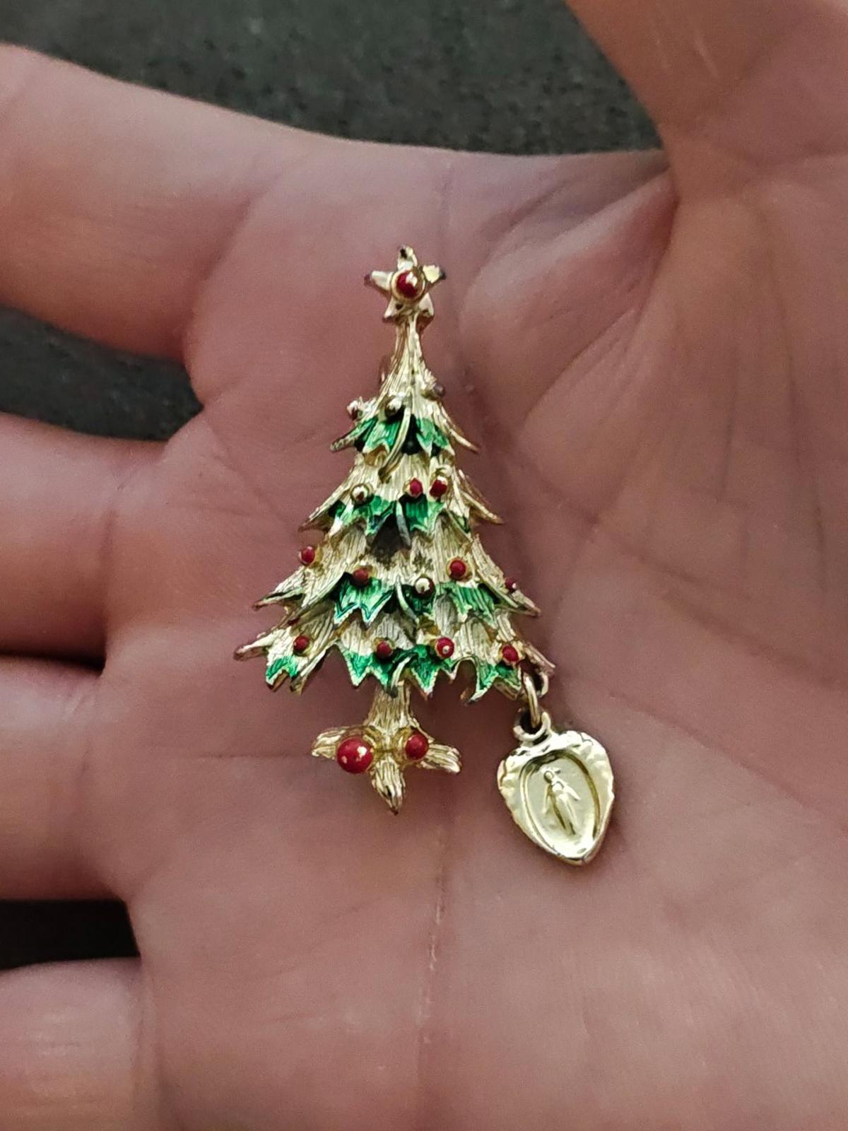 1960s Christmas Tree Brooch Featuring a Dangling Miraculous Medal Charm
