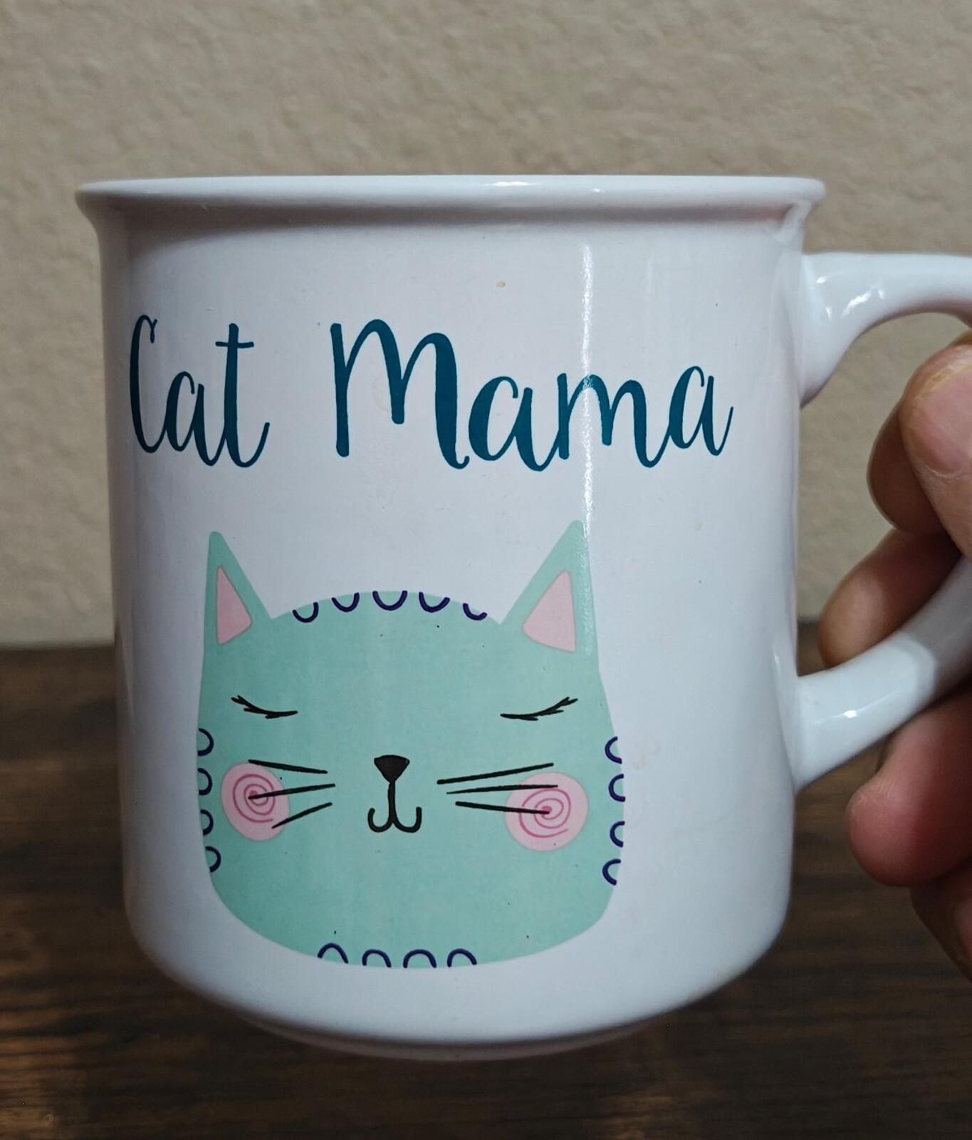 Fun Cat Mama Ceramic White & Blue Cat Mug