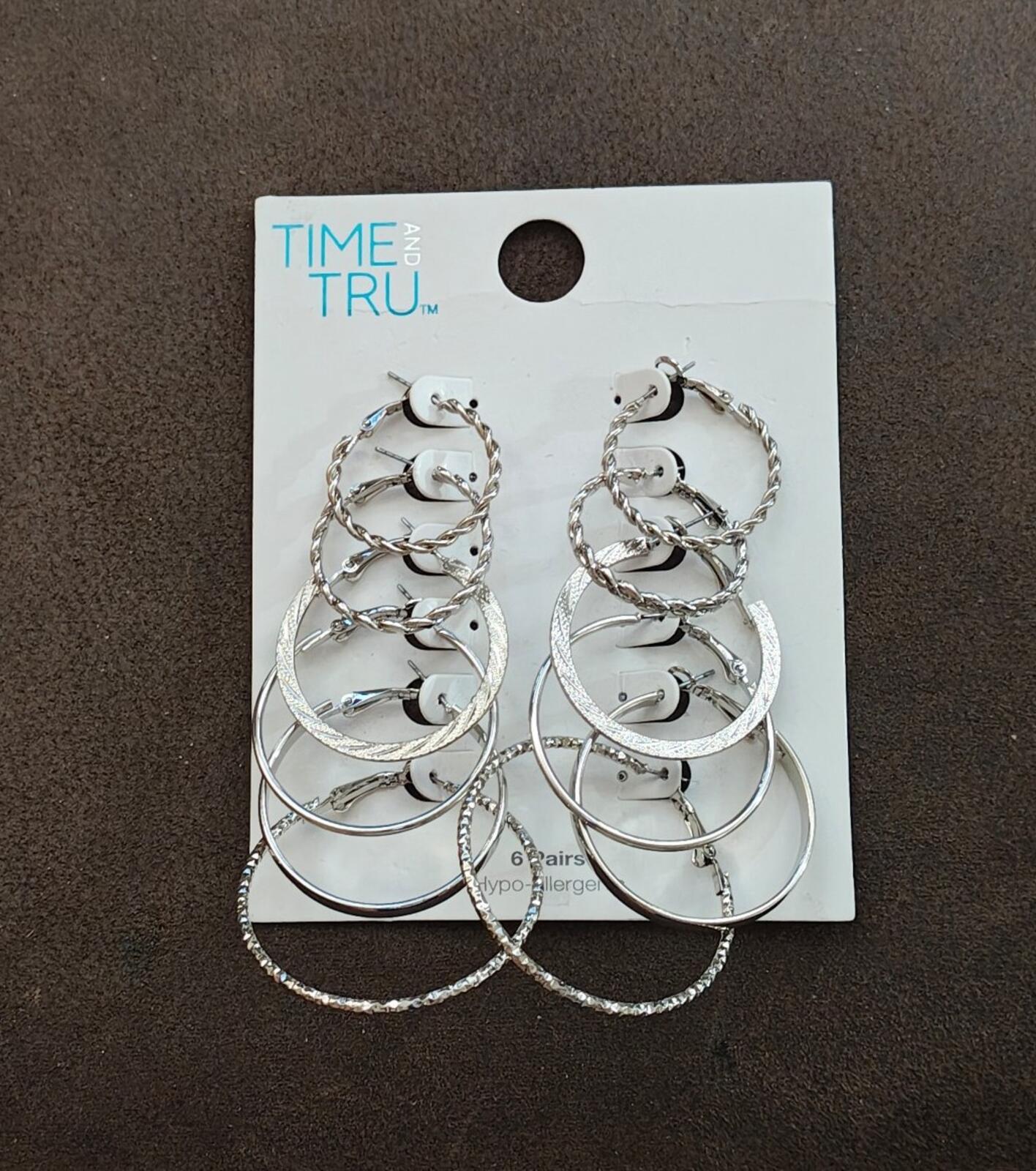 Time & Tru Women's Silver Tone Textured & Smooth Hoop Earring Set, 6-Piece New
