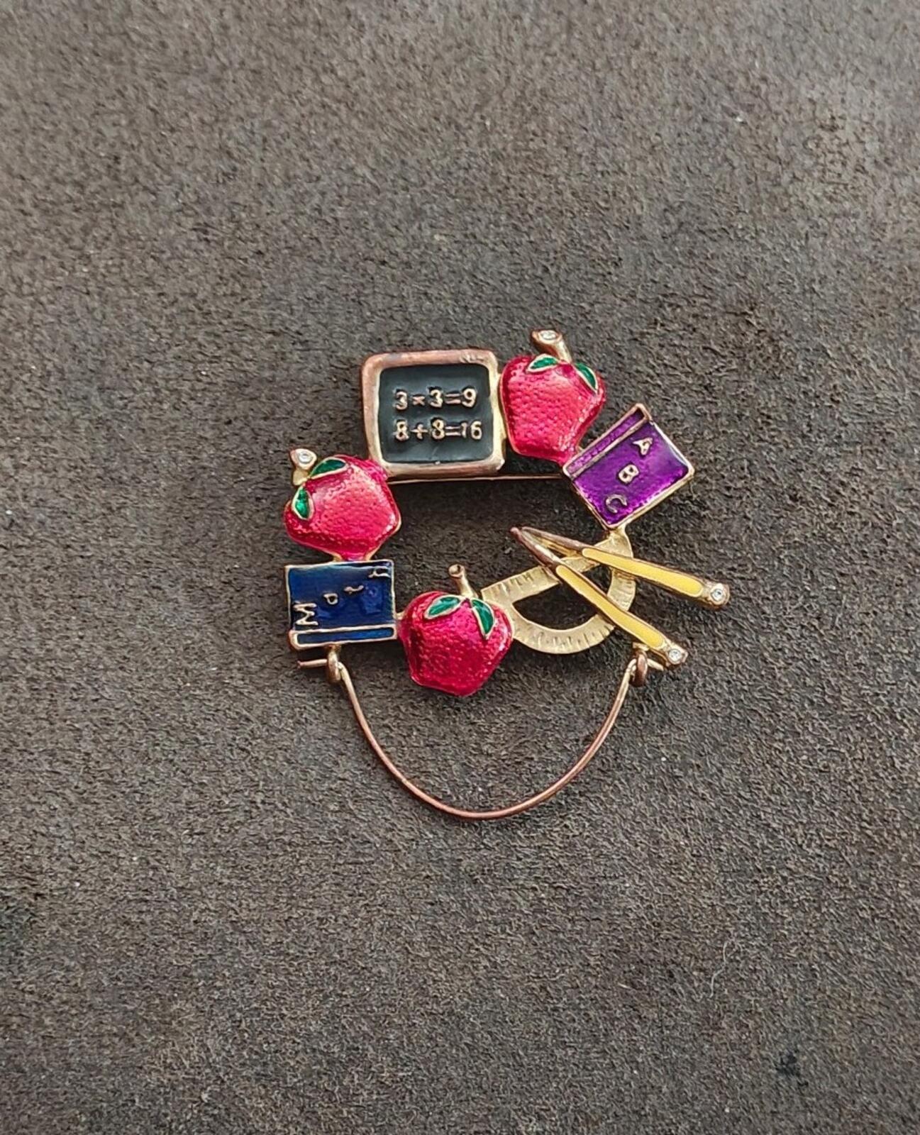 1980s Gold Tone Enamel School Teacher Brooch