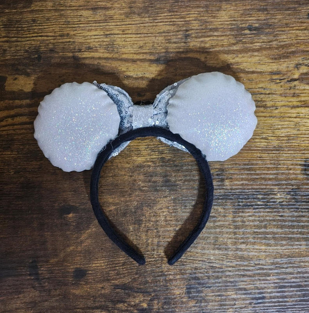Silver glitter bow headband with black center band and large round ears