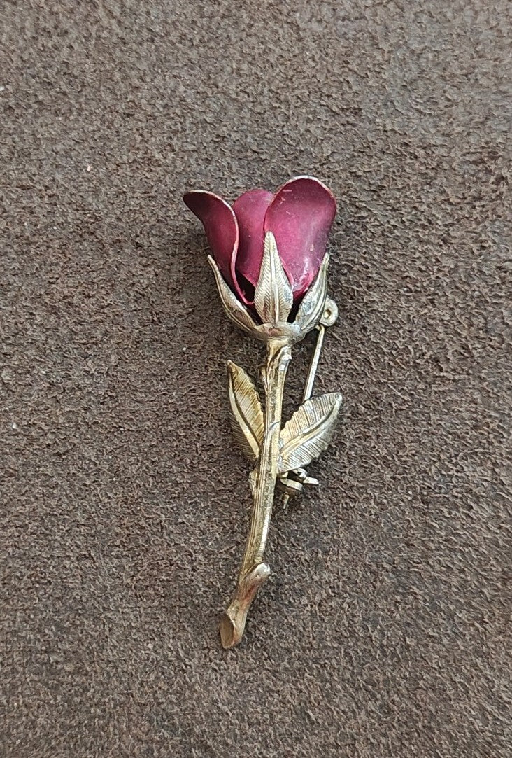 1960s Gold Tone Red Enamel Rose Bud With Stem Brooch Pin