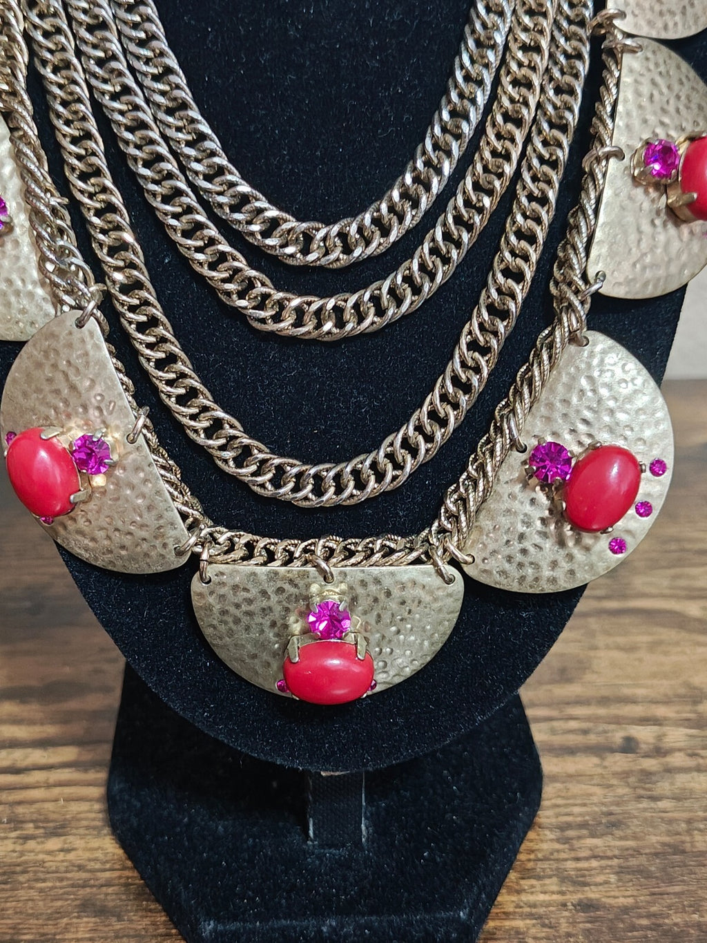 2000s Sequin Gold Tone Rhinestones & Red Stones Statement Necklace