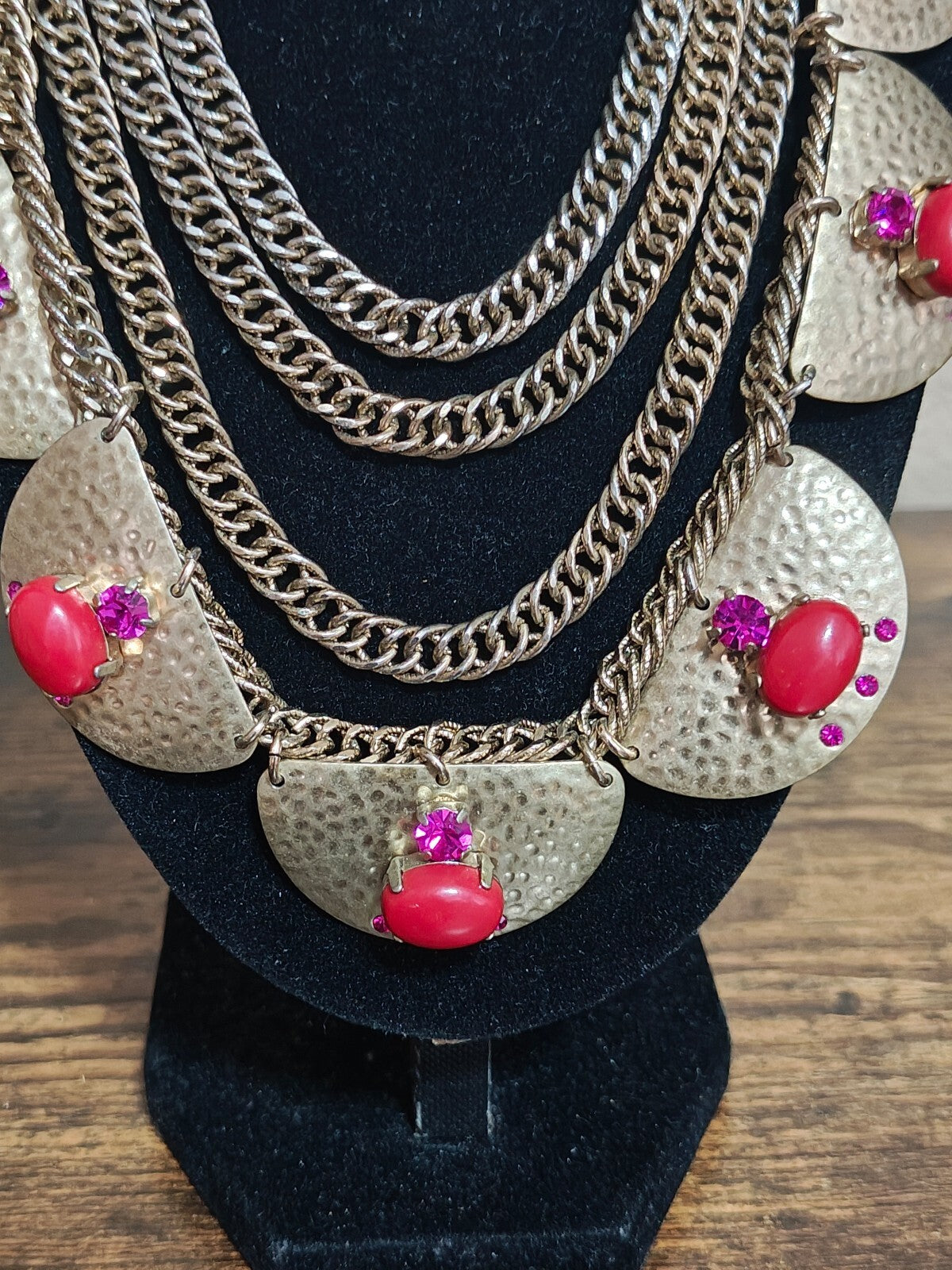 2000s Sequin Gold Tone Rhinestones & Red Stones Statement Necklace