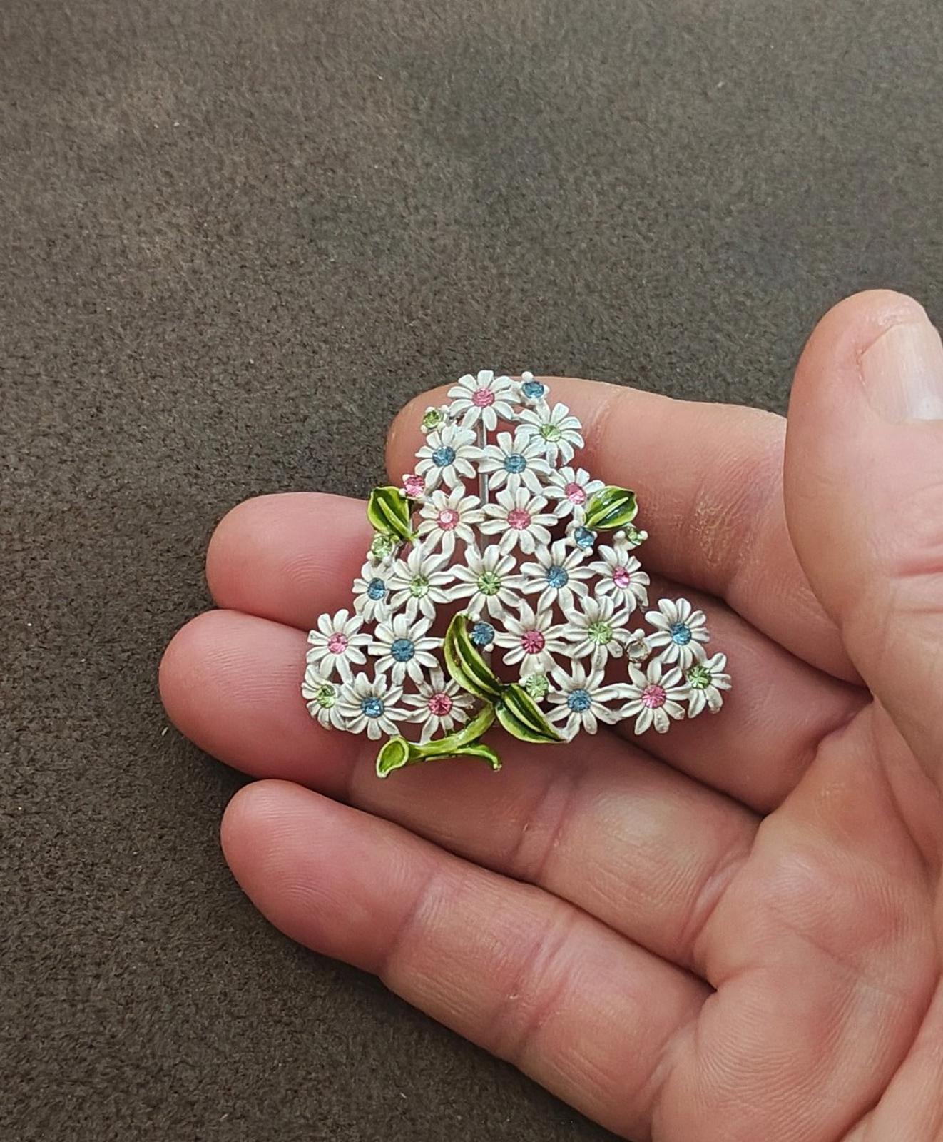 1960s Gold Tone White Flowers & Pink Blue Green Rhinestones Brooch