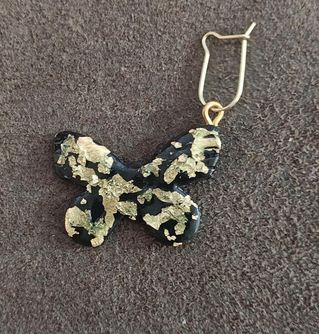 Handmade Black Polymer Clay Butterfly Earrings With Striking Gold Leaf Flakes