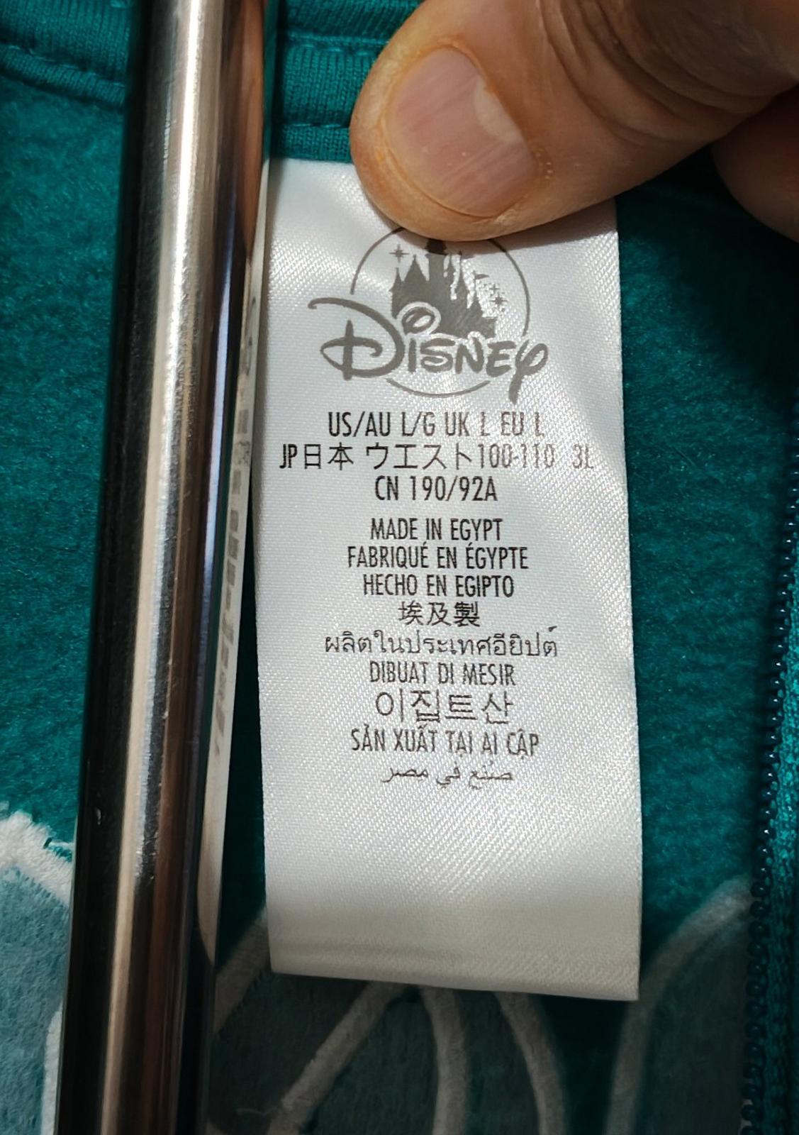 Teal hoodie inner size tag with Disney logo and “Made in Egypt”