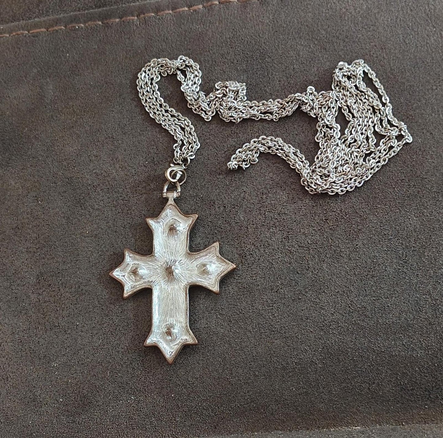 1990's Gothic Silver Tone Cross With Red Rhinestones Pendant Necklace