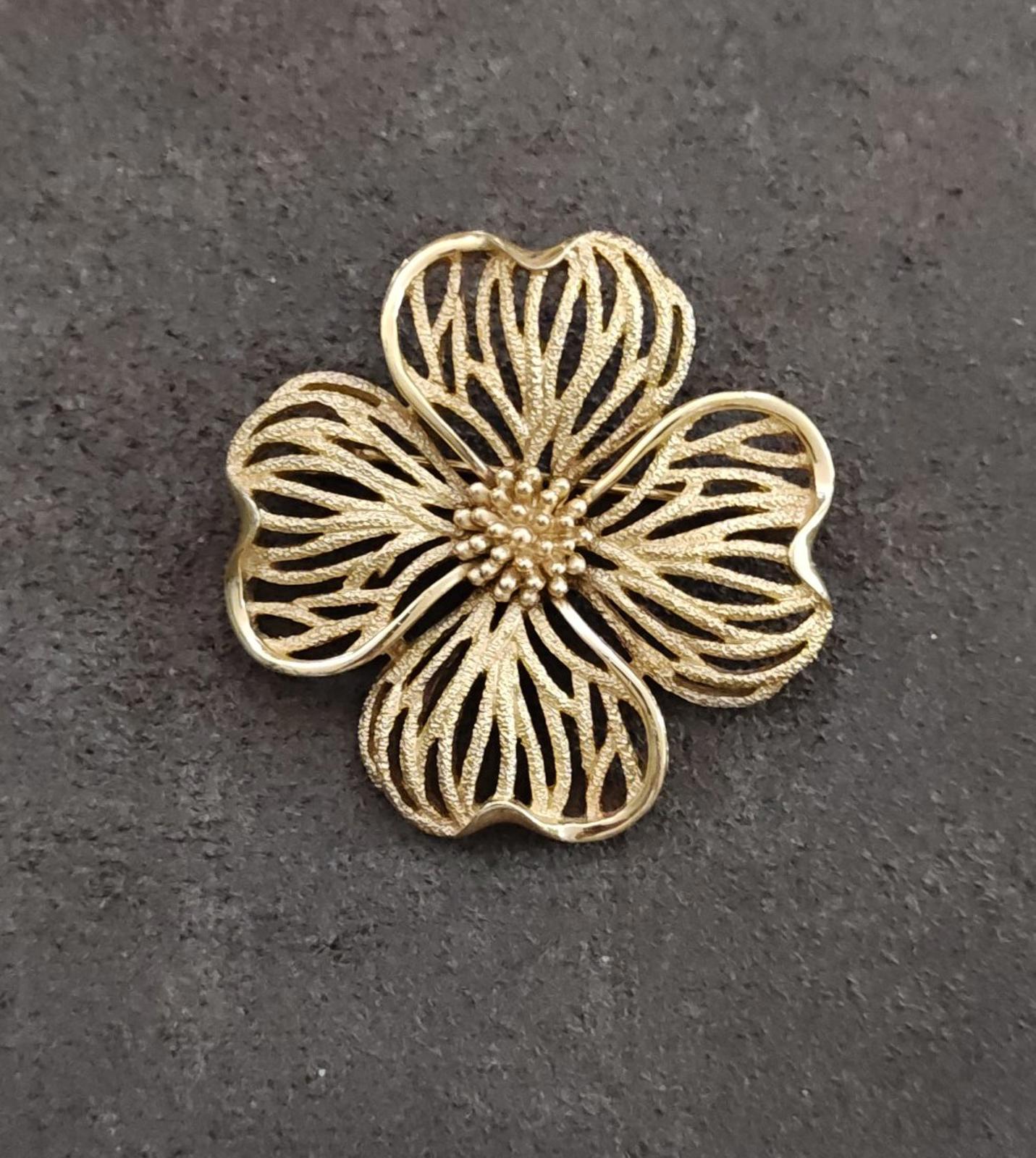 1950s/60s Gold Tone Vintage Textured Crown Trifari Dogwood Flower Brooch