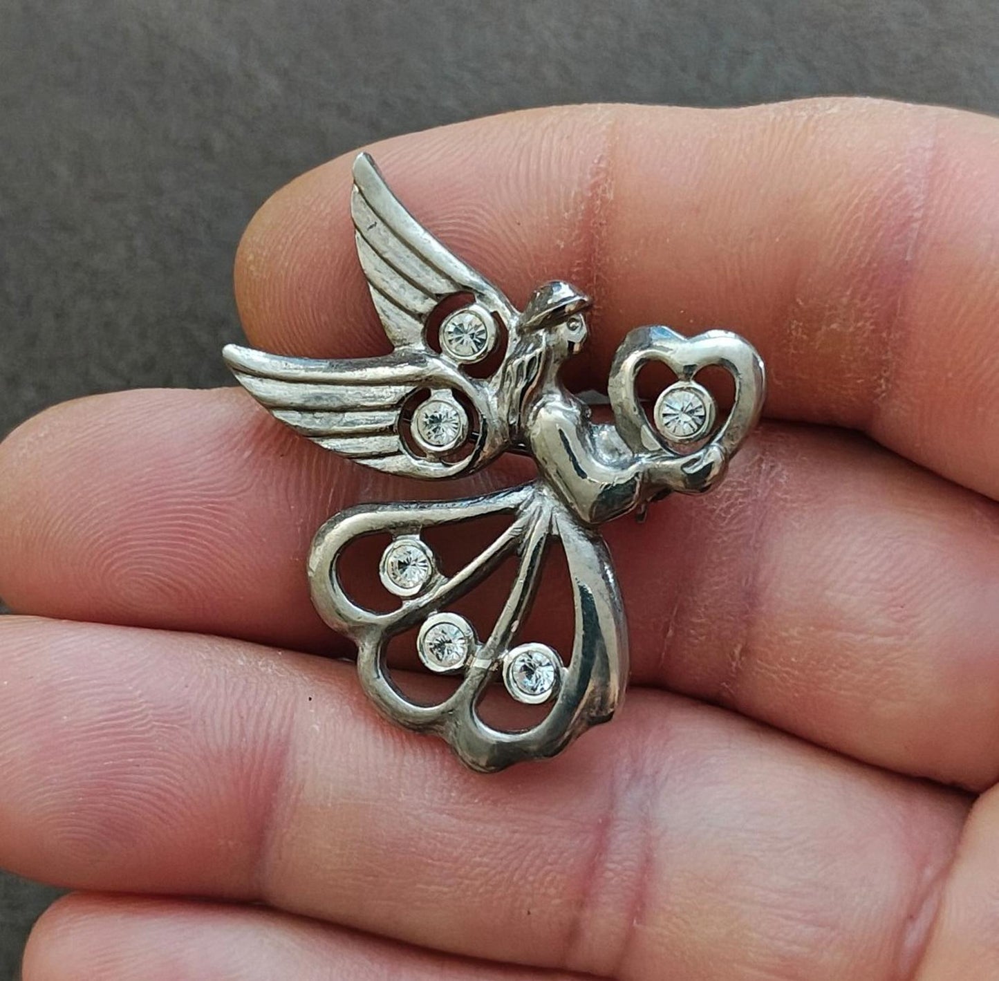 1990's Angel Of Love Angel With Heart and Clear Rhinestones Pin