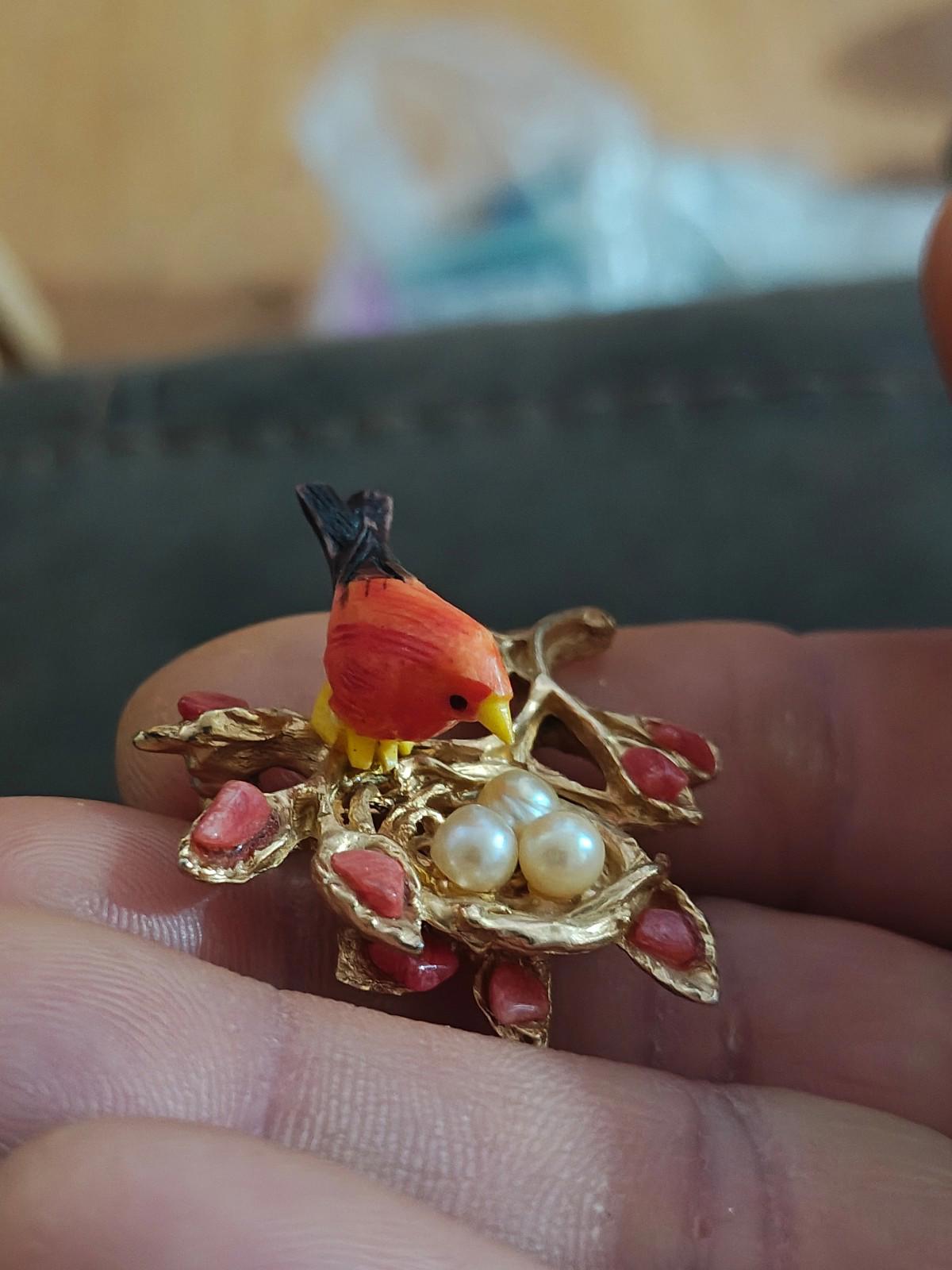 1960's Swoboda Mama Bird in a Nest full of Cultured Pearls Brooch Pin