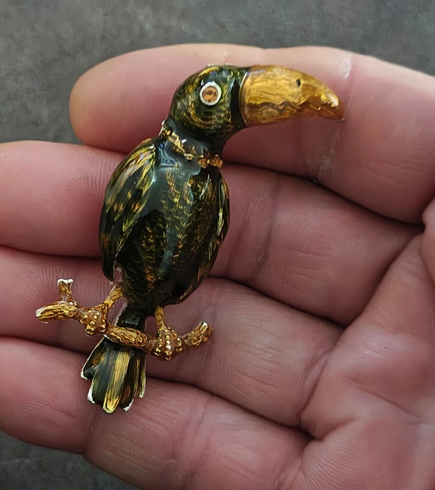 1980's Green And Orange Enamel Toucan Bird With Pink Brooch