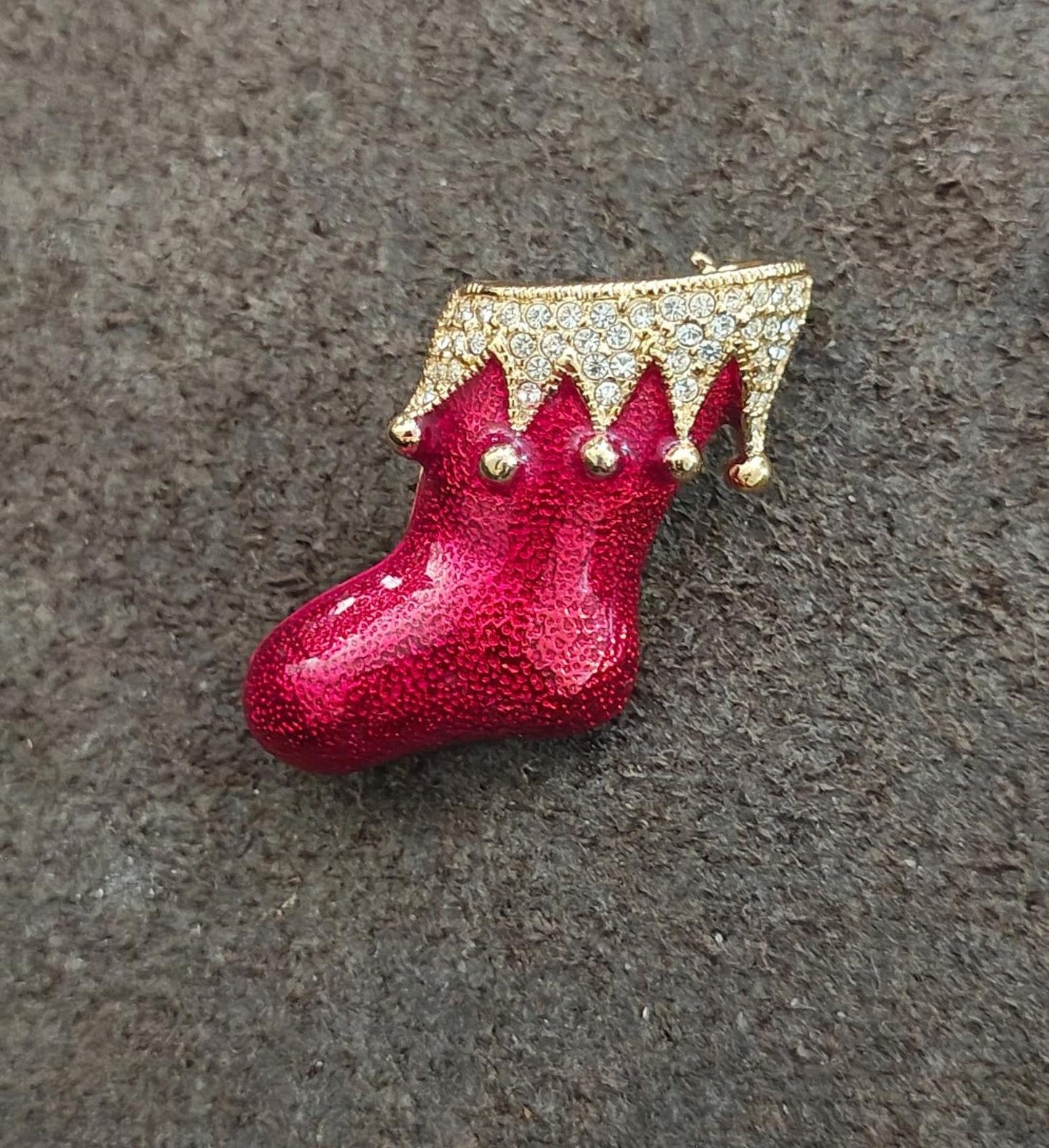 1990's Gold Tone Enamel With Crystal Rhinestones Santa Boot/Stocking Brooch