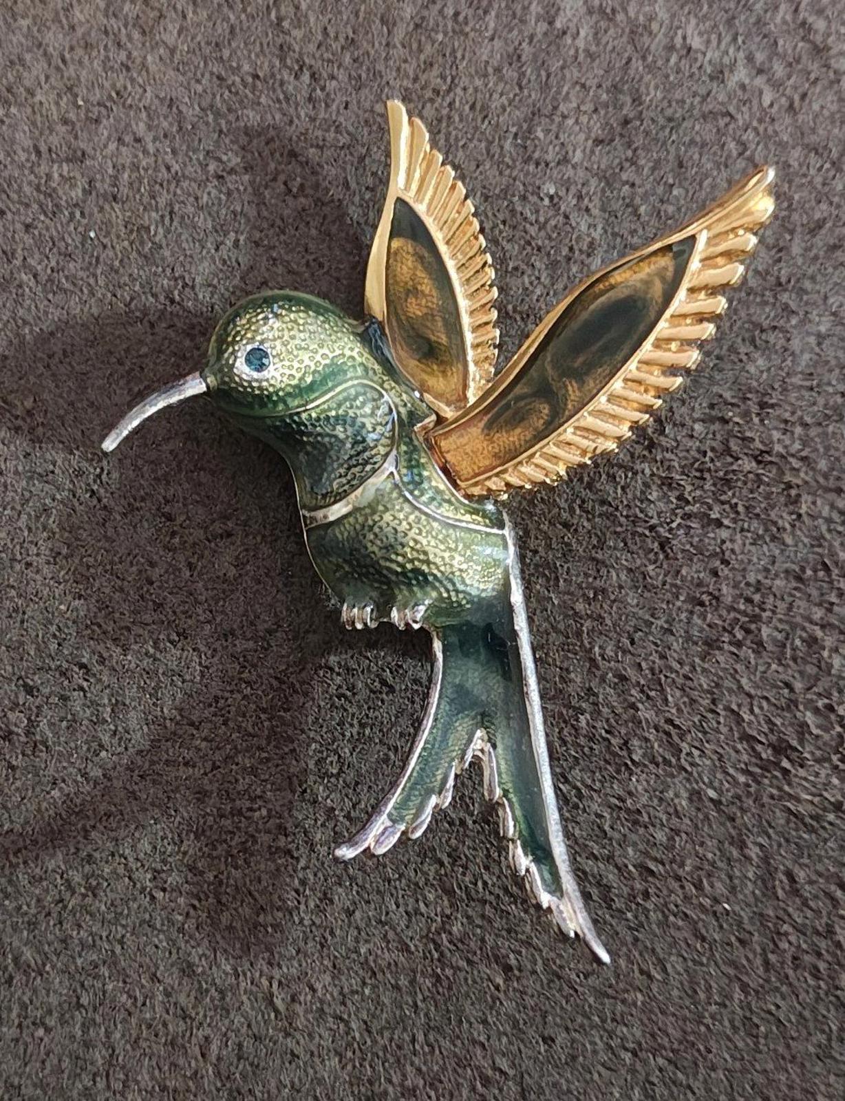 1980's Silver And Gold Tone With Green Enamel Hummingbird Brooch Pin