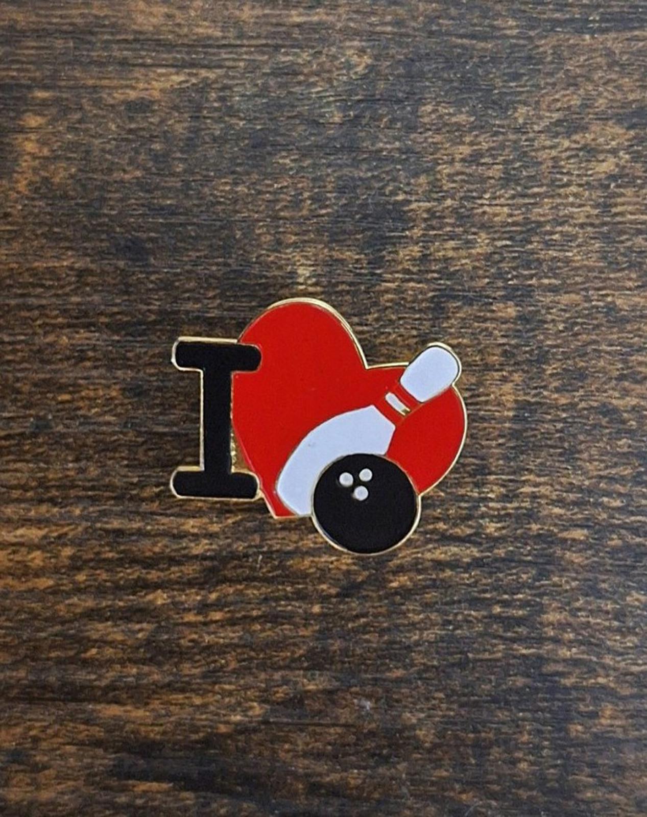 I Love Heart Bowling Gold Tone Enamel Pin.