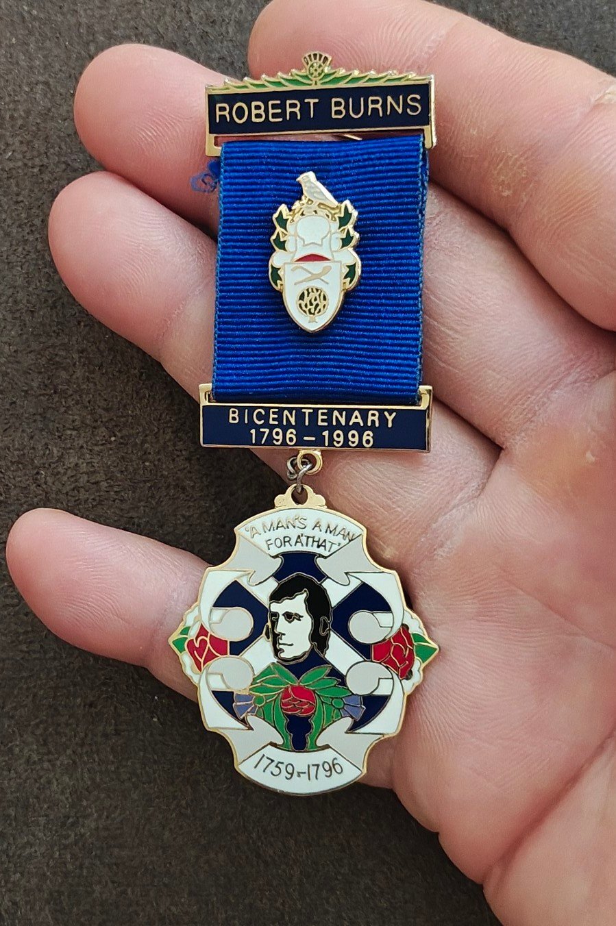 1996 Robert Burns Bicentenary Commemorative Medal Ribbon Badge Pin