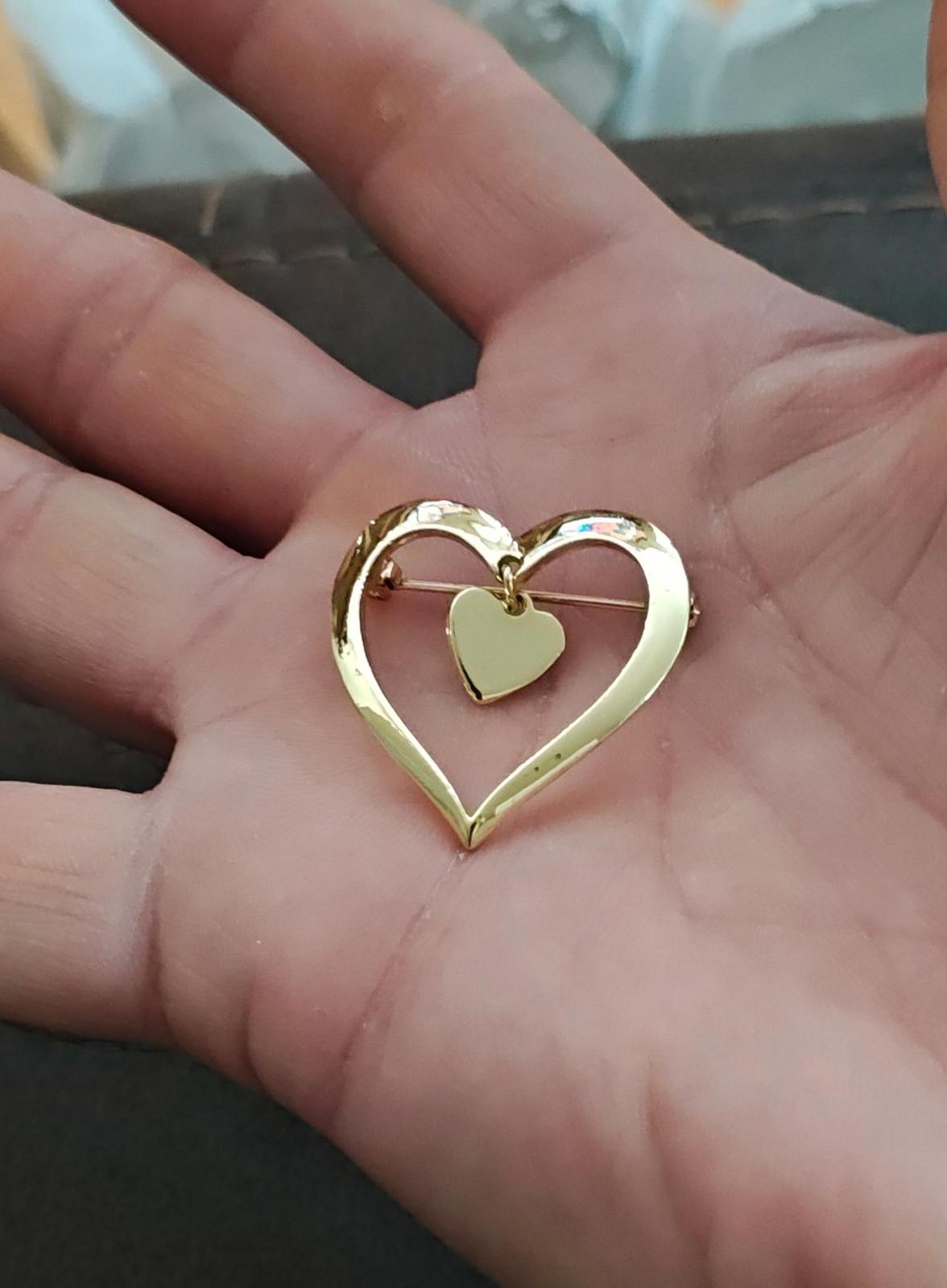 1980s Gold Tone Open Heart With a Smaller Heart Charm Dangle Brooch