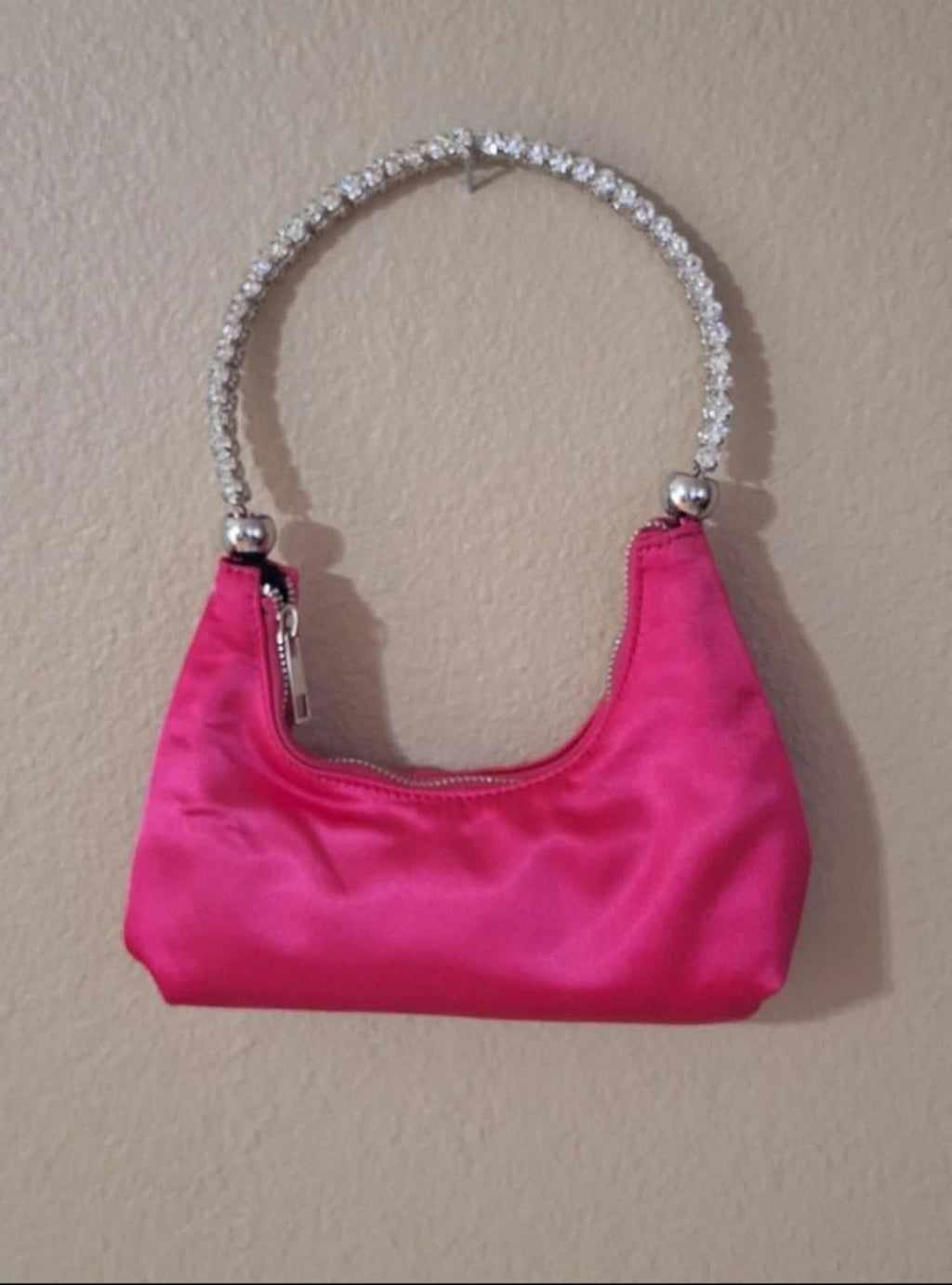 Pink satin small handbag with rhinestone beaded handle and zippered front opening