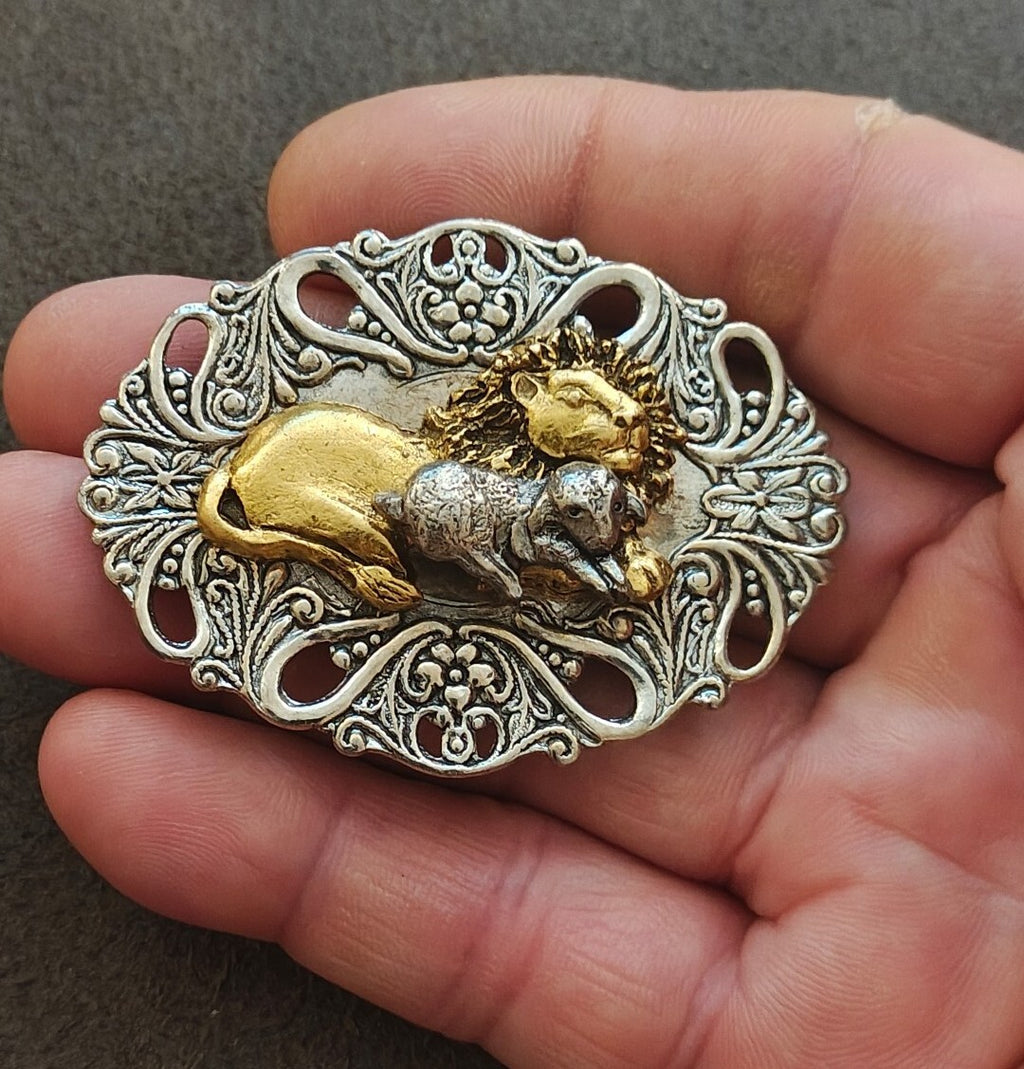 Biblical Lion & The Lamb Two Tone Openwork Filigree Brooch