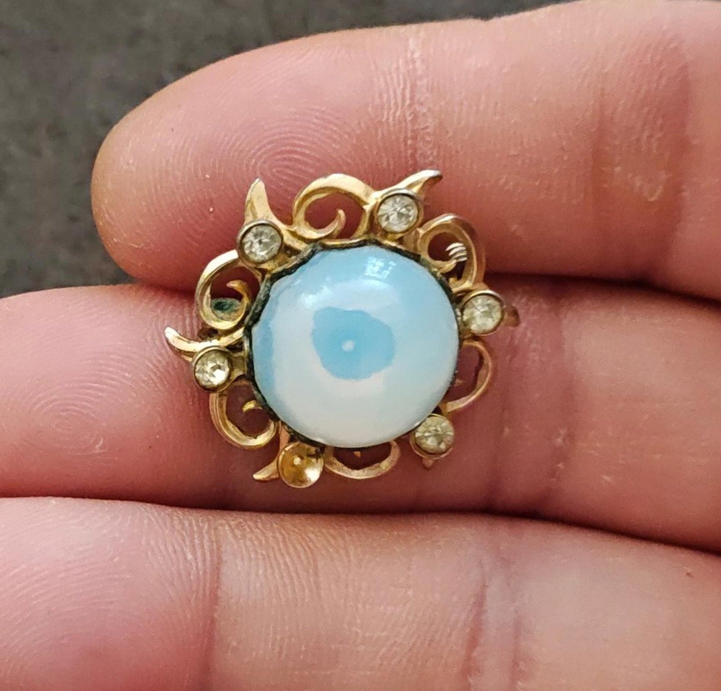 1960s Gold Tone Moonglow Cabochon With Rhinestones Brooch