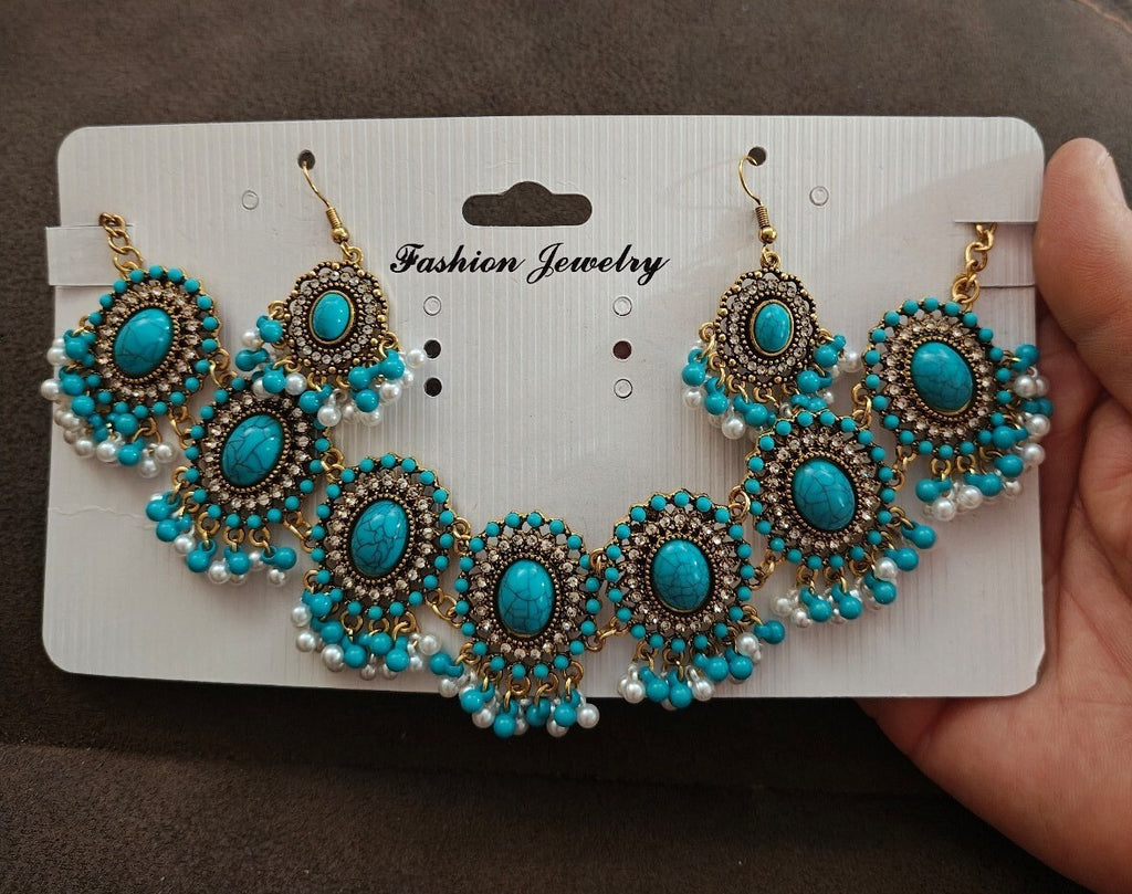 Bohemian Style Synthetic Turquoise & Faux Pearls Choker Necklace & Earrings Set