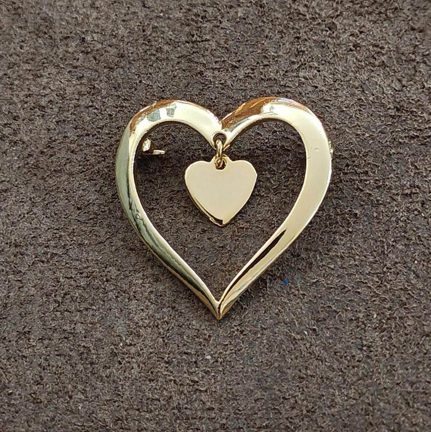1980s Gold Tone Open Heart With a Smaller Heart Charm Dangle Brooch