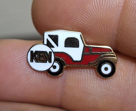 1970s Gold Tone White & Red Jeep With Ken Name On Tire Enamel Pin