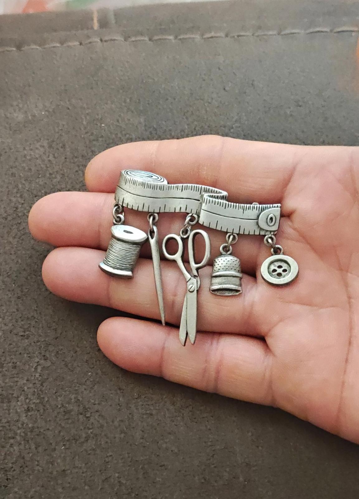 1980s JJ Jonette Sewing Theme Pewter Dangle Brooch