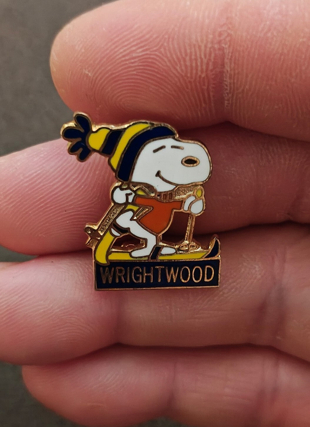 1970s Peanuts Snoopy Skiing Wrightwood  Cloisonné Gold Tone Enamel Pin