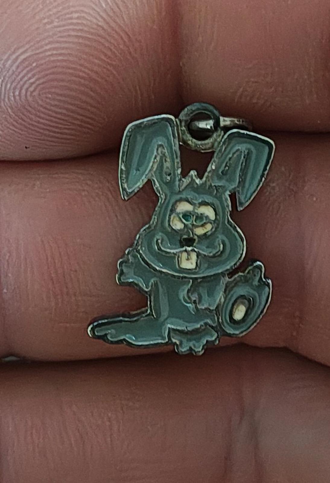 1980s Bunny Rabbit Silver Tone Green Enamel Pendant Charm