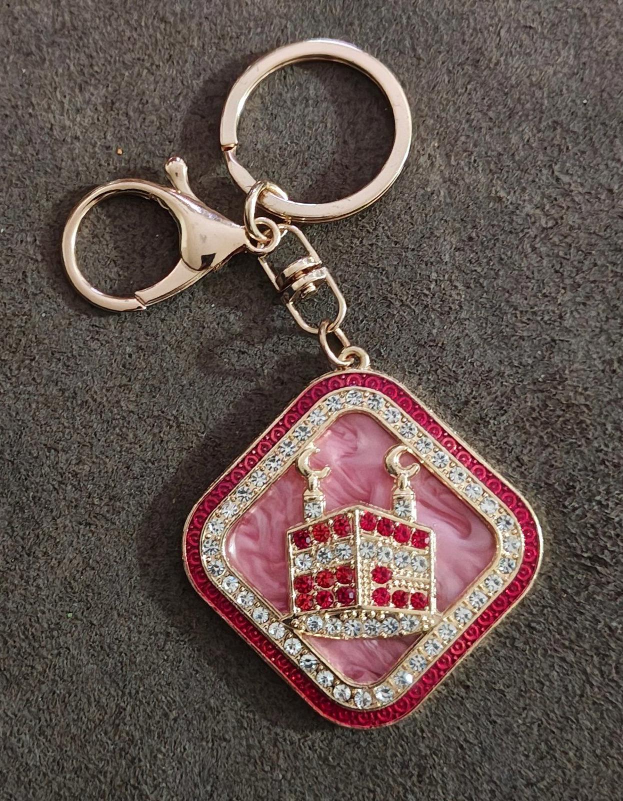 Kaaba in Mecca Clear And Red Rhinestones Gold Tone Keychain