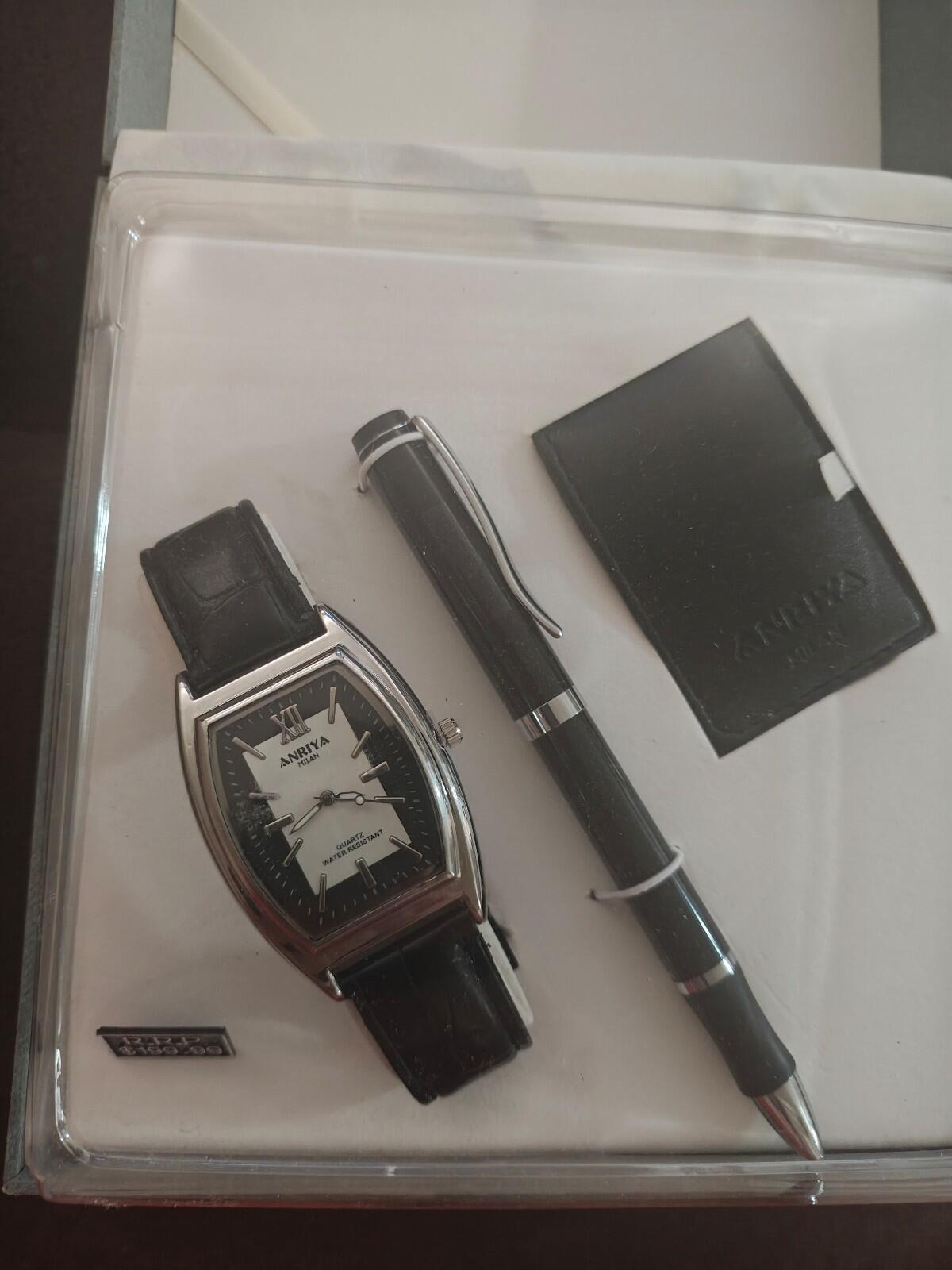 1990s Anriya Milan Men's Gift Set-Rectangular Watch, Pen, Cardholder NOS