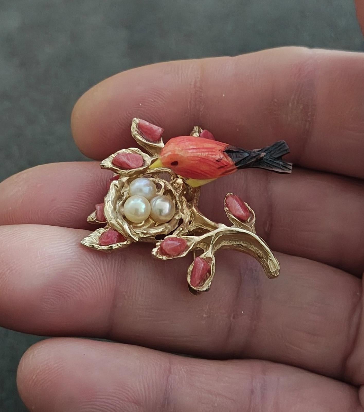 1960's Swoboda Mama Bird in a Nest full of Cultured Pearls Brooch Pin