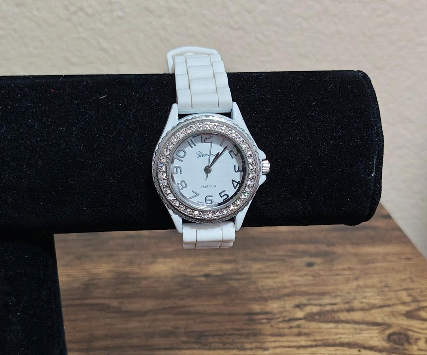 Geneva Platinum White Dial Rhinestone Encrusted White Silicone Band Ladies Watch