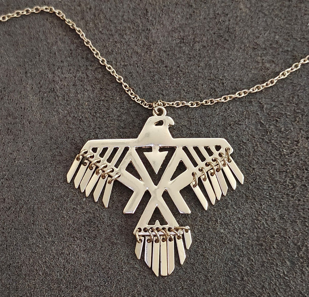 1980s Native American Inspired Geometric Thunderbird Gold Tone Pendant Necklace