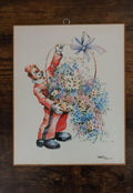 Clown wooden wall art plaque with red clown holding blue flower bouquet and bow