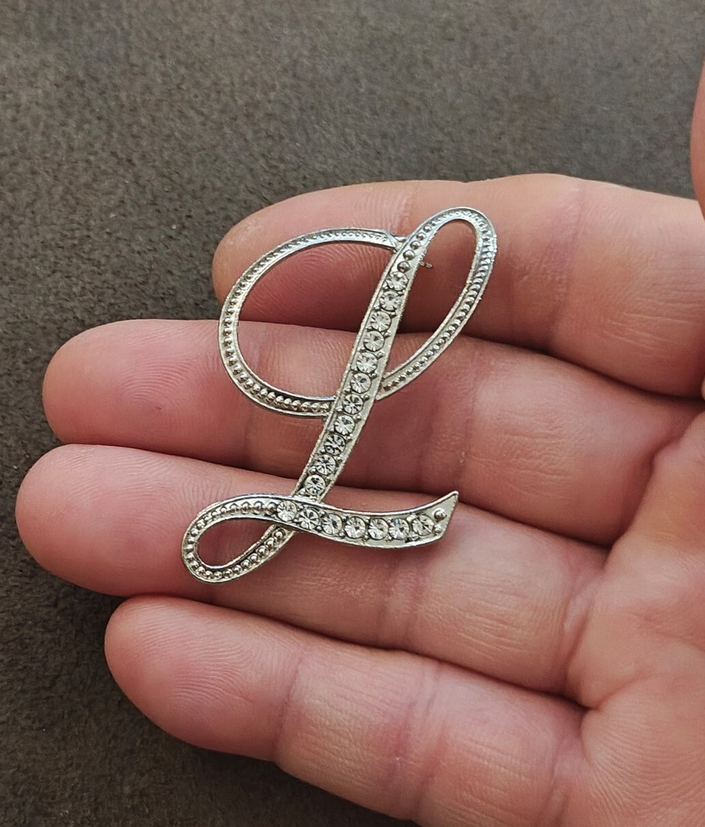 Silver Tone Monogram Initial "L" With Sparkling Clear Rhinestones Brooch