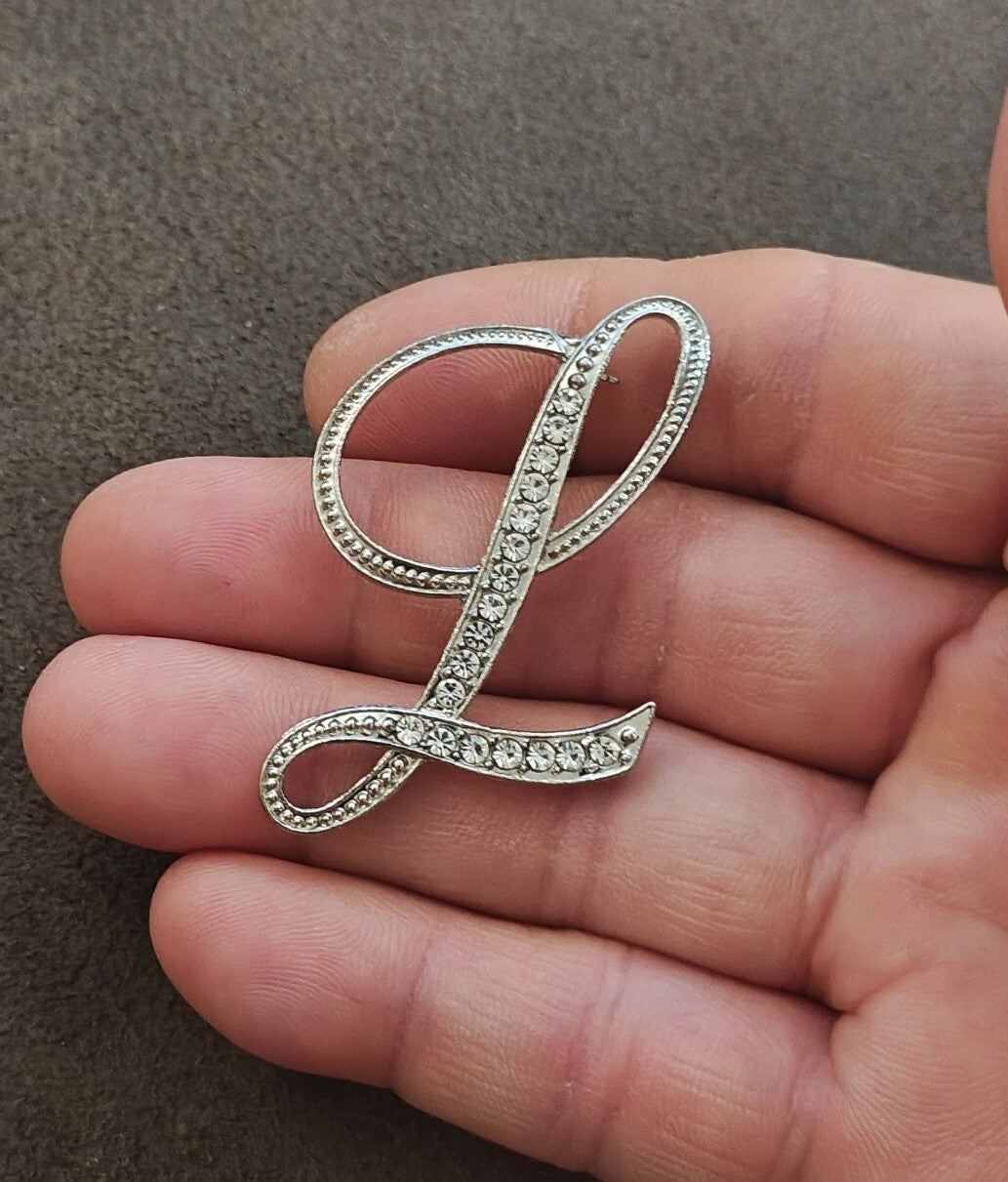Silver Tone Monogram Initial "L" With Sparkling Clear Rhinestones Brooch
