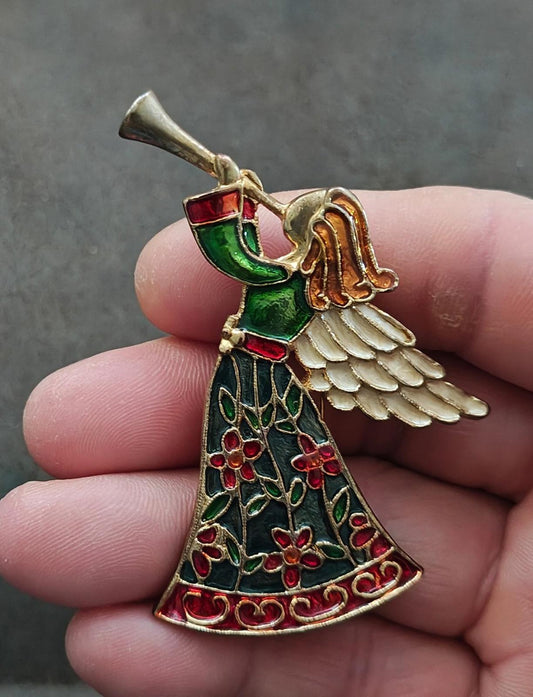 1980s Tanya's Creations Angel Blowing a Horn Gold Tone Enamel Brooch Pin