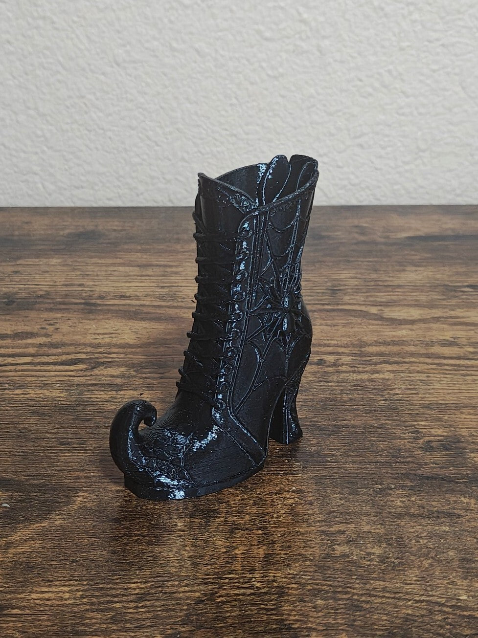 3D Printed Black Gothic Curled Toe Spider Web Witch Boot Small Vase/Holder