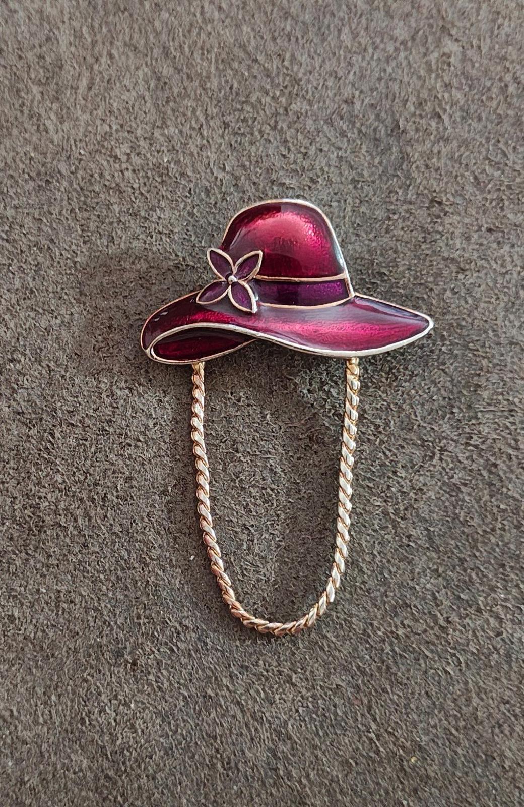1990s Gold Tone Red Enamel Red Hat Society Hat Pin Brooch