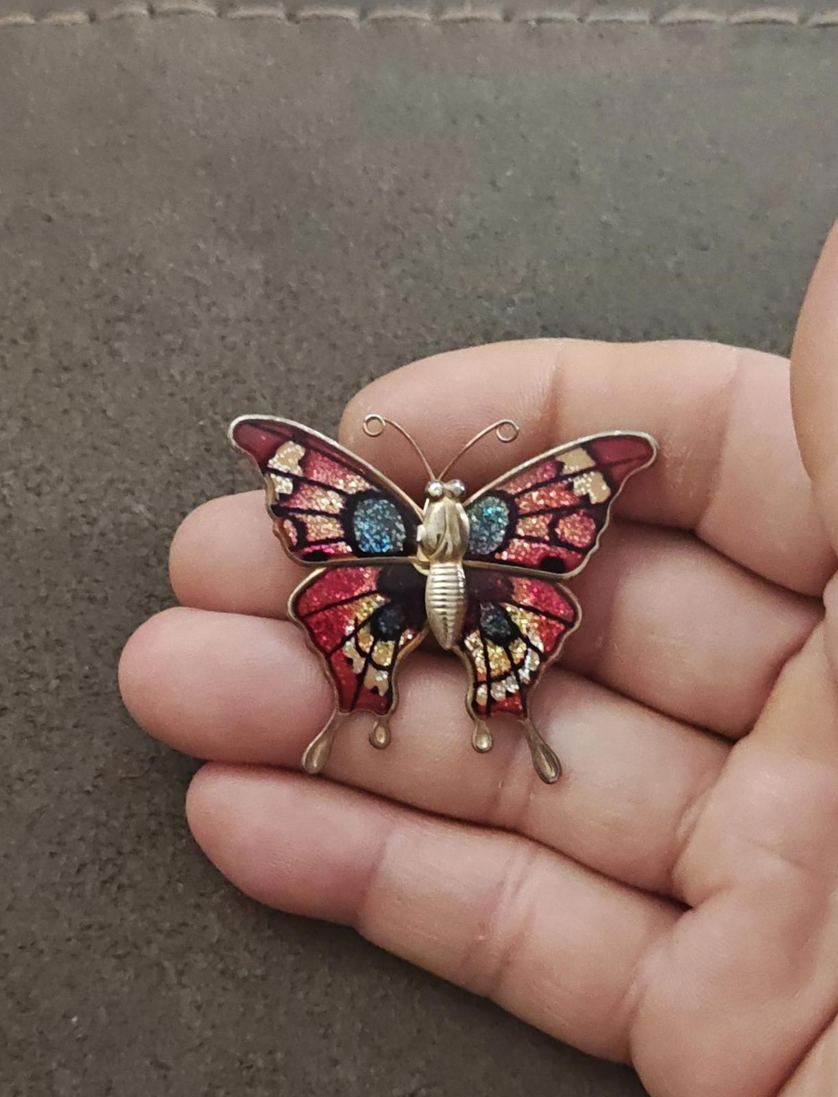 1970s Gold Tone Butterfly With Enamel & Glitter Accents Brooch