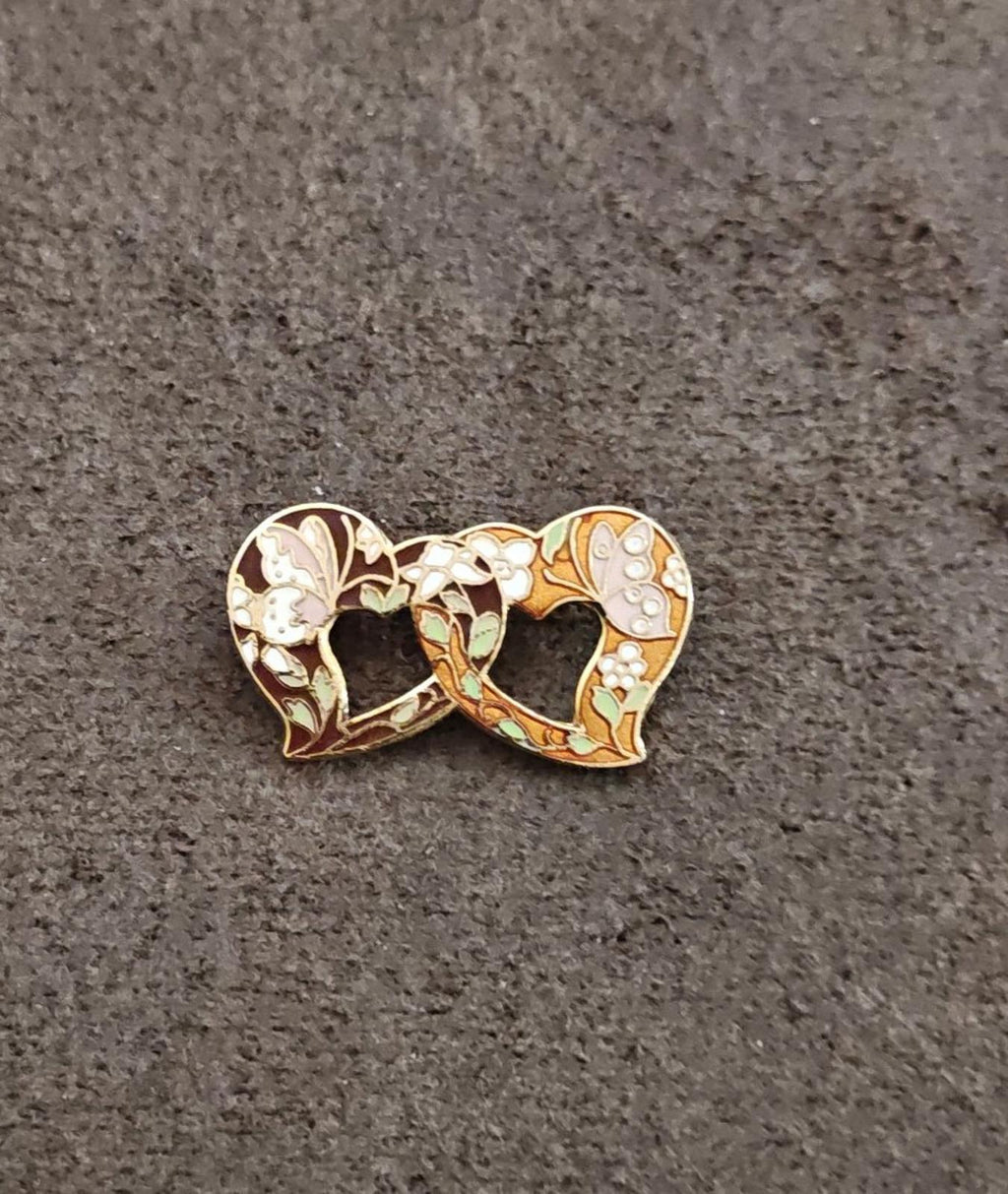 Gold-tone heart brooch pin with butterfly motif and multicolor enamel outline