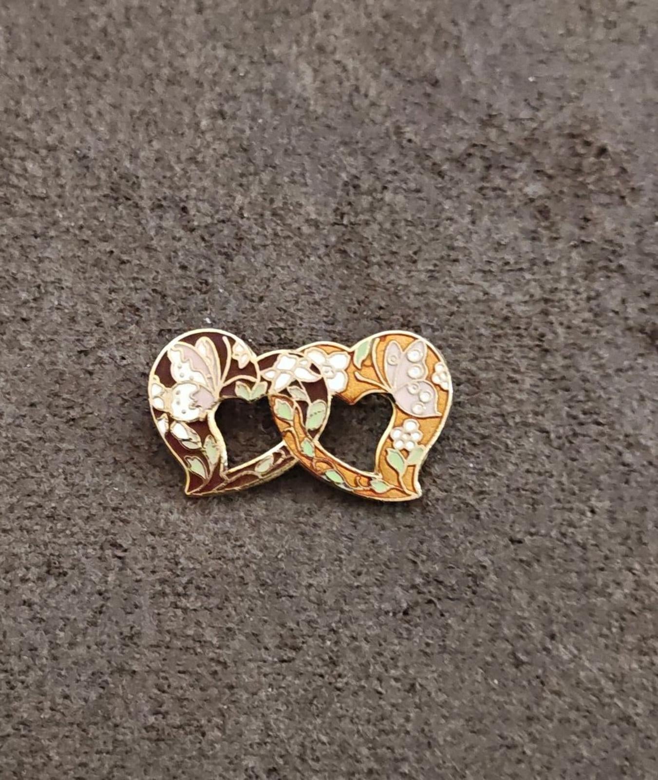 1980s Vintage Two Hearts With Butterflies Gold Tone Brooch Pin