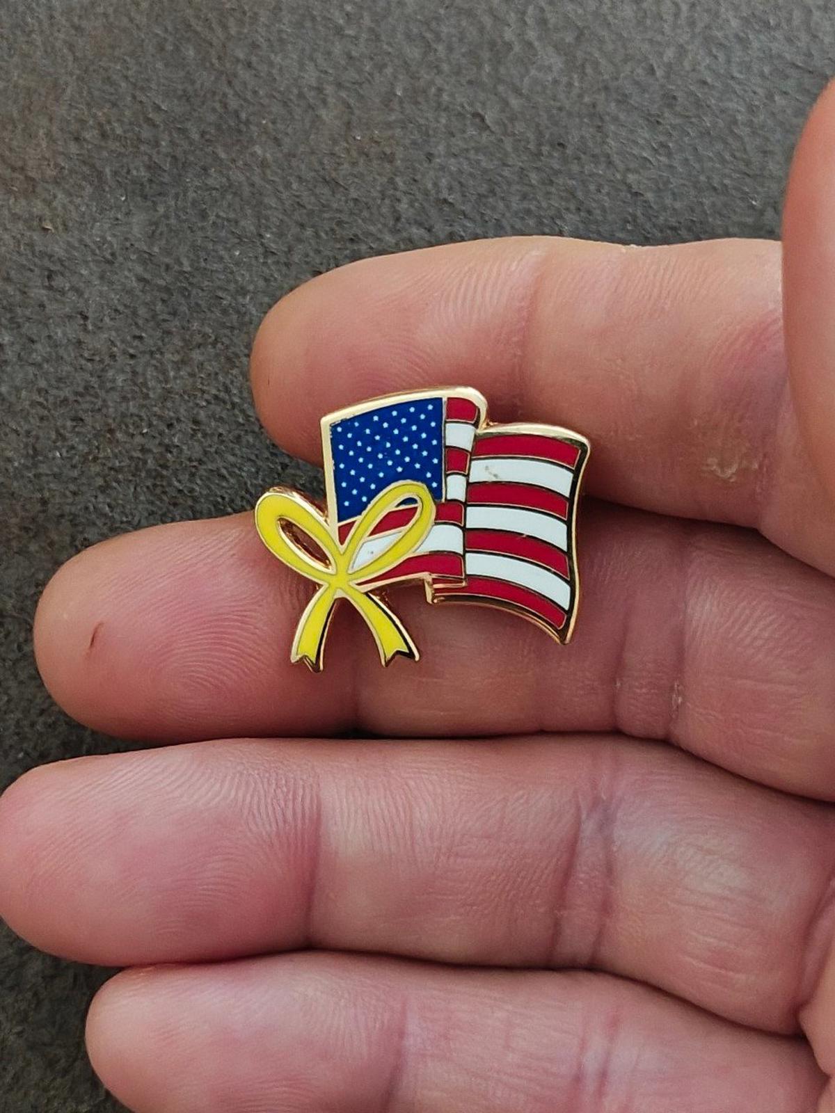 1980's Wavy American Flag With Yellow Ribbon Gold Tone Pin