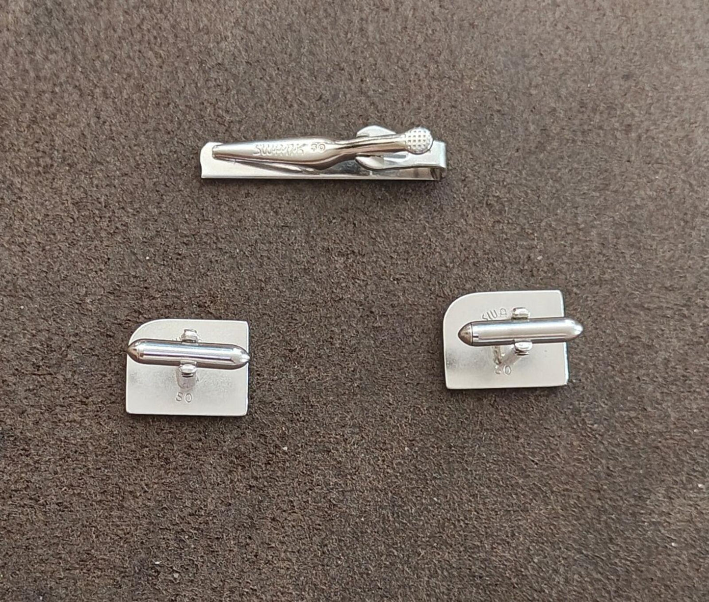 1960s Silver Tone Art Deco Style Tie Bar/Tie Clip & Cufflinks Set