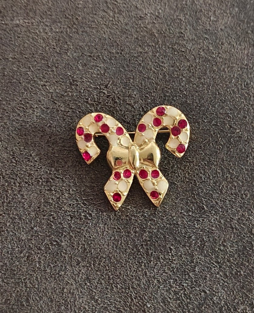 1970s/80s Gold Tone Candy Cane Brooch with Red and White Enamel