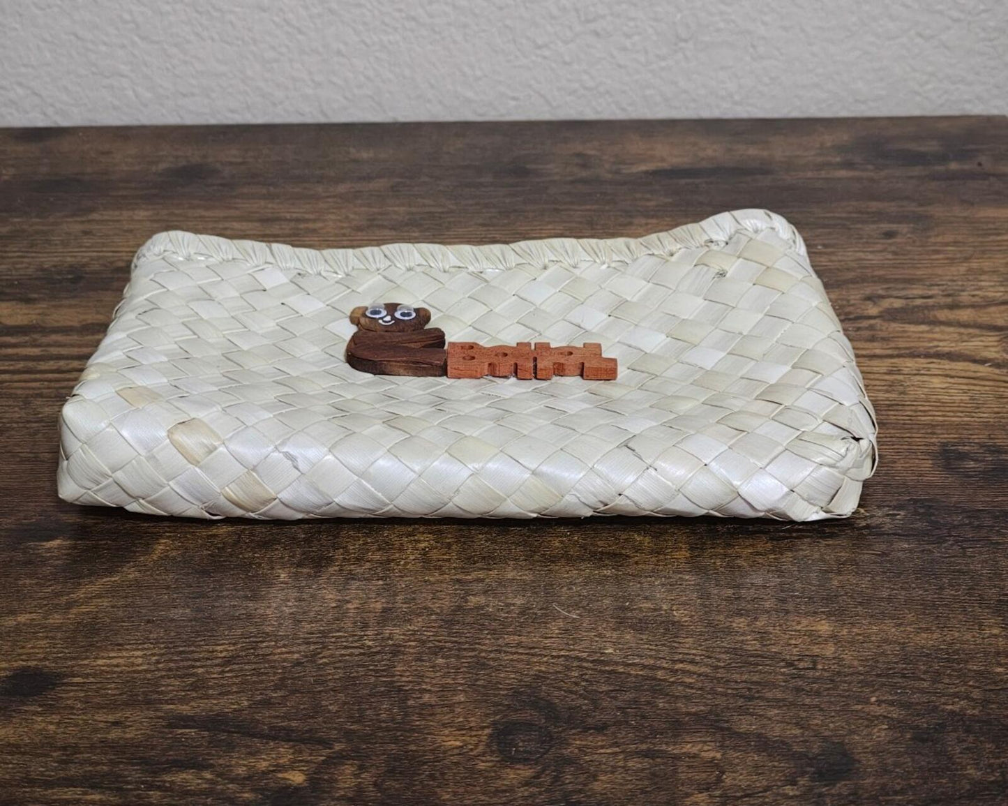 Traditional Handwoven Souvenir Pouch With Wooden Philippine Tarsier Emblem