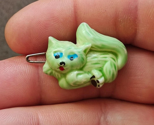 1980s Green Cat Hard Plastic Barrette In Great