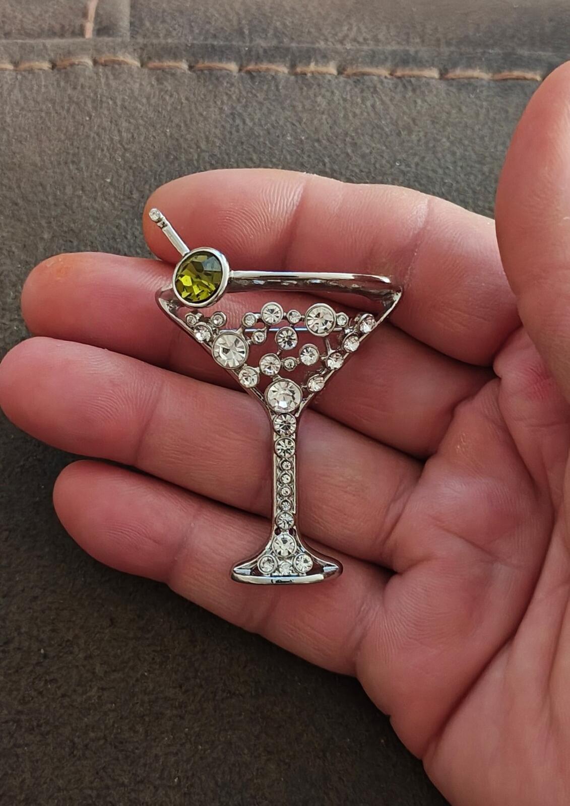 Chico's Silver Tone With Peridot Green Rhinestone Martini Glass Brooch